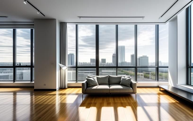 Bright, open living room with floor-to-ceiling windows and a city view
